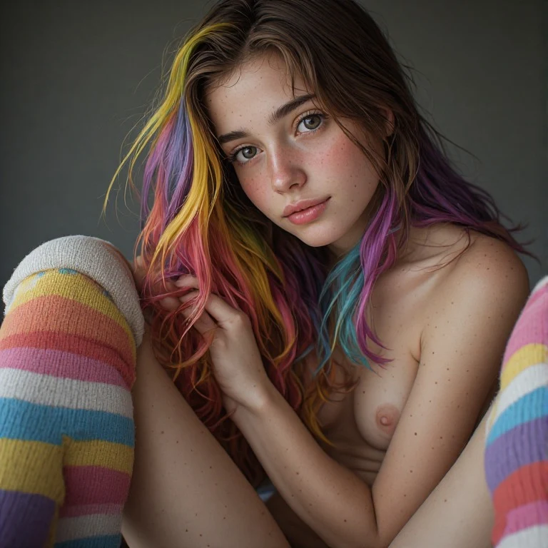 teen, female, 18 years old, colorful hair, colorful long socks, pretty face, candid casual photo, natural available light, realistic skin and textures, spontaneous composition, sexy, erotic, nsfw
