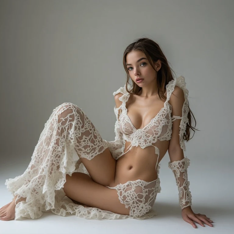 A professional studio photo of a young woman wearing minimalistic,  lewd , erotic,  futuristic, avant-garde, haute couture dress ,lace,  that leave nothing for imagination, exposed breasts and pussy.

This is a professional photo. The image is a world-class masterpiece. It has impeccable attention to detail, and an impressive composition. Photo of a real person, candid photo, realistic lighting, 85mm lens, DSLR photo, depth of field, subtle skin texture, unedited, natural tones, no filters, na