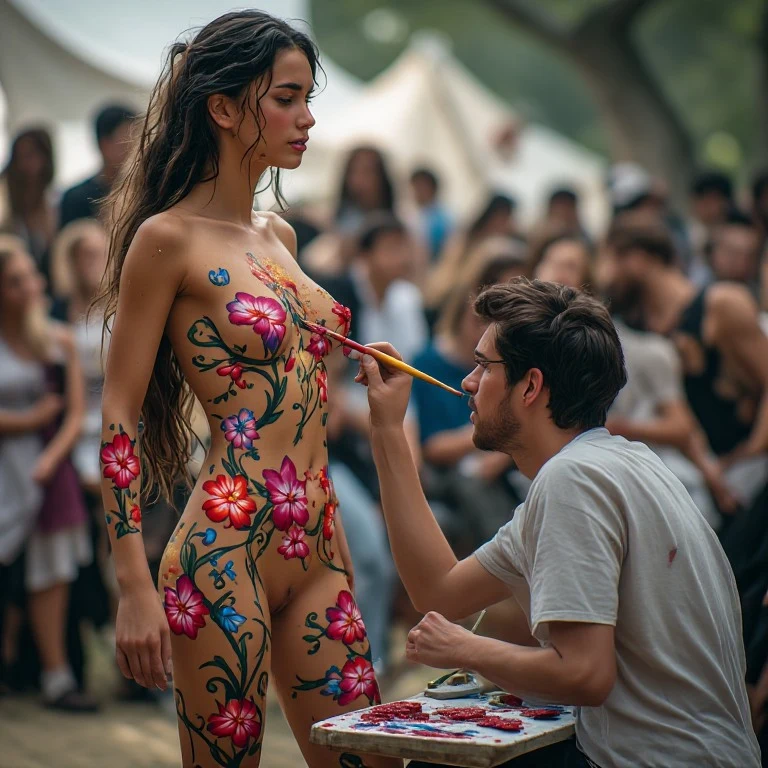is a real, professional photography, editorial photography, with cinematic lighting, colored, high resolution, crisp details. The image is real, beautiful, stylish, appealing, modern and polished, 8K, DSLR photo, a candid moment from an avant-garde body painting competition—a young, about 18 yo, lithe model standing completely nude with her legs slightly parted, her body already transformed into a living canvas covered in intricate, swirling floral designs that climb up her thighs, wrap around h