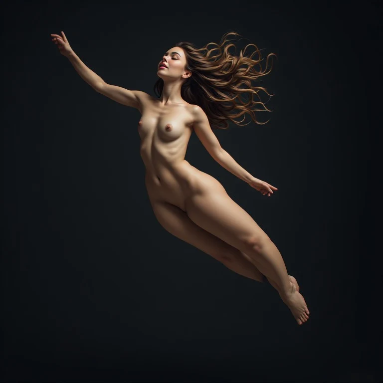 a surreal, high-fashion composition of a  curvy 18-year-old girl, completely naked and weightlessly levitating, 

her body arched in a sensual, fluid  pose that defies physics. 

She is levitating in a total, oppressive  black void where there is  no sense of grounding, creating a disorienting and hypnotic lack of direction. 

Her  porcelain skin is illuminated by  soft, volumetric ethereal glows , catching the curves of her form against the darkness. 

The camera is positioned from a su