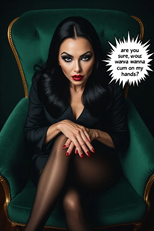 a provocative, high-angle aerial shot looking straight down upon an elegant woman in her mid-50s, whose commanding presence radiates a blend of maturity and sophisticated dominance. She is seated in a plush, deep-emerald velvet armchair, her legs in dark pantyhose crossed with a poised, effortless grace that emphasizes her poise. Her long, raven-black hair is perfectly straight and glossy, spilling across her shoulders and the chair's backrest like a dark silken river. Her face is adorned with a
