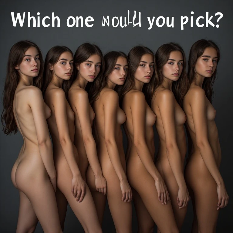 a minimalist aesthetic gallery shot featuring a row of five slim 20-year-old female teens, all completely naked and posing with alluring expressions. They are arranged in a slight diagonal, each showcasing a distinct body type within a slim profile, with skin tones ranging from sun-kissed olive. The lighting is moody with deep shadows, casting subtle shadows against a muted grey backdrop. Centered across the composition is a bold, crisp white text overlay at the top that reads "Which one would y