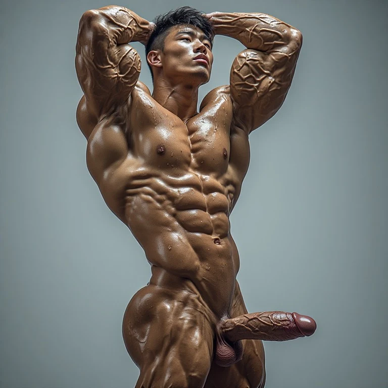 Extremely handsome muscled Asian boy, lifting his powerful arms upwards, exposing his (deeply sculpted) underarms with (glistening sweat) trickling down his (golden-tanned) skin, his (hyper-defined) biceps and triceps flexing under the (studio lighting), his (monumentally veined) uncut erection standing at full attention, (throbbing) against his (ridged) lower abdomen, the (bulging) veins tracing up his (thick) shaft with (precise vascularity), his (heavily muscled) torso displaying (chiseled) p