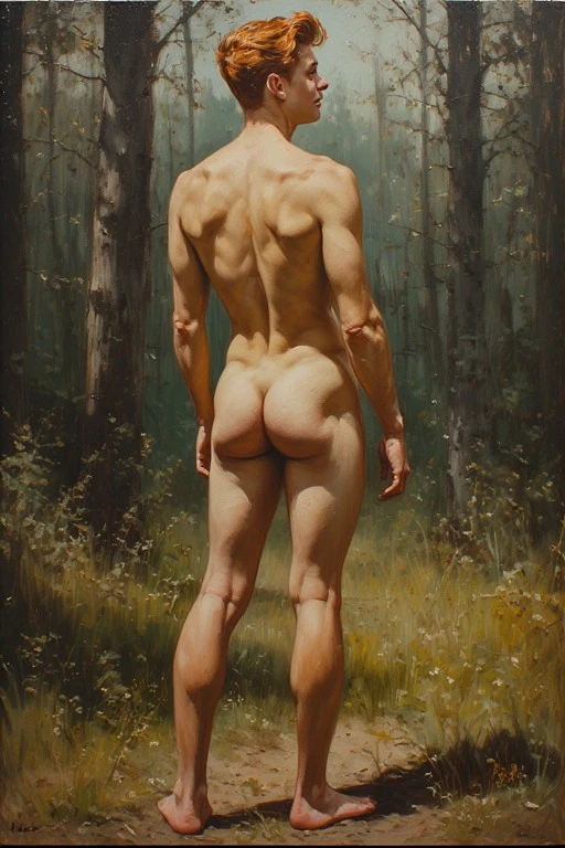 breathtaking oil painting, ((Back View)) of a vintage 50s photo, A very beautiful, ginger-haired teen boy. Nude, No shirt bare, beautiful ass, bare feet, Huge smile. Outside, in a forested clearing, on a sunny day. grainy photograph, 1950s photo with film grain, 1950s photo with vignetting, retro, 1950s photo, vintage photo, natural beauty, photorealistic oil painting, by charlie bowater, fine details, by wlop, trending on artstation, very detailed. \n\nOverall, it's an absolute world-class mast