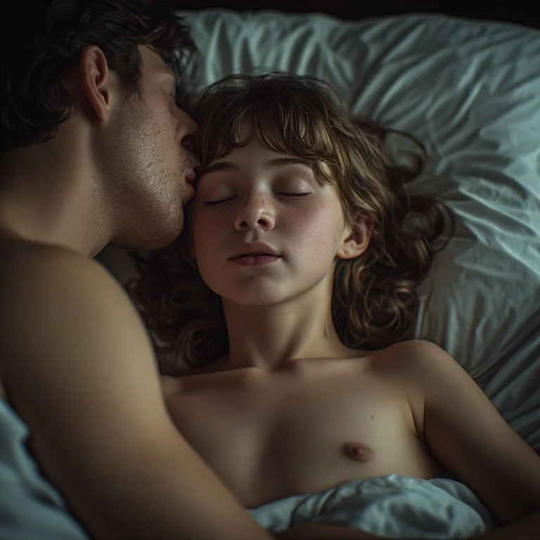 18 year old dwarf girl, short, petite, flat chest, youthful face, youthful body, stark naked, sleeping in a bed, there is a man next to her, kissing her on the mouth, cinematic shot, dynamic lighting, 75mm, Technicolor, Panavision, cinemascope, sharp focus, fine details, 8k, HDR, realism, realistic, key visual, film still, cinematic color grading, depth of field.

Overall, it's an absolute world-class cinematic masterpiece. It's an aesthetically pleasing cinematic shot with impeccable attentio
