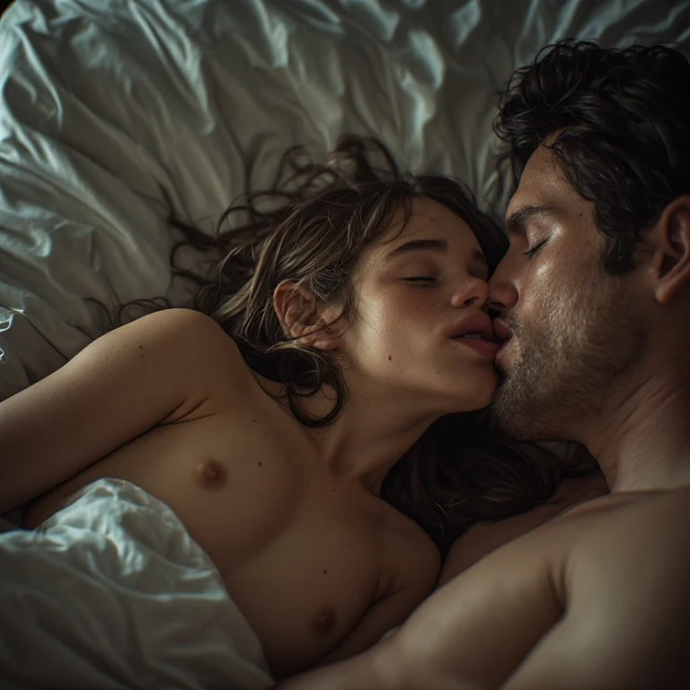 18 year old dwarf girl, short, petite, flat chest, youthful face, youthful body, stark naked, sleeping in a bed, there is a man next to her, kissing her on the mouth, cinematic shot, dynamic lighting, 75mm, Technicolor, Panavision, cinemascope, sharp focus, fine details, 8k, HDR, realism, realistic, key visual, film still, cinematic color grading, depth of field.

Overall, it's an absolute world-class cinematic masterpiece. It's an aesthetically pleasing cinematic shot with impeccable attentio
