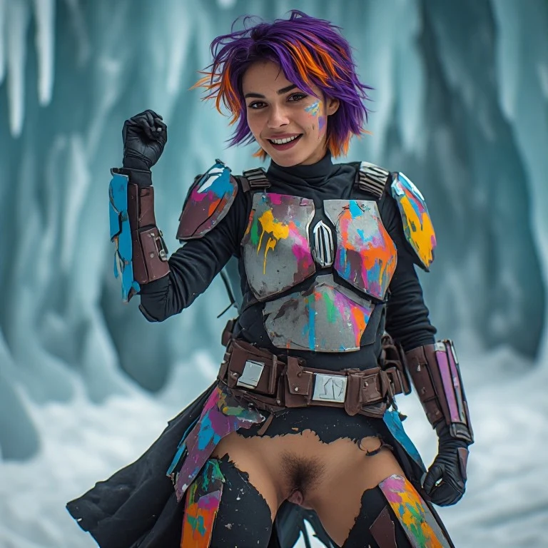 A casual photo. A casual photo of ((actual Photograph)), Sabine Wren from Star Wars, a young Mandalorian woman with a strong, athletic build and short, vibrant purple-and-orange ombre hair. She wears customized, battle-worn Mandalorian armor made of beskar steel, intricately hand-painted with colorful graffiti art, spray-paint drips, and a stylized starbird logo on the shoulder pauldrons. She has sharp, expressive facial features, dark eyes, and a confident, determined expression., Skinny, Danci